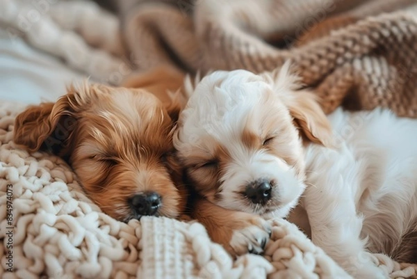 Fototapeta two adorable puppies sleeping together on a soft blanket