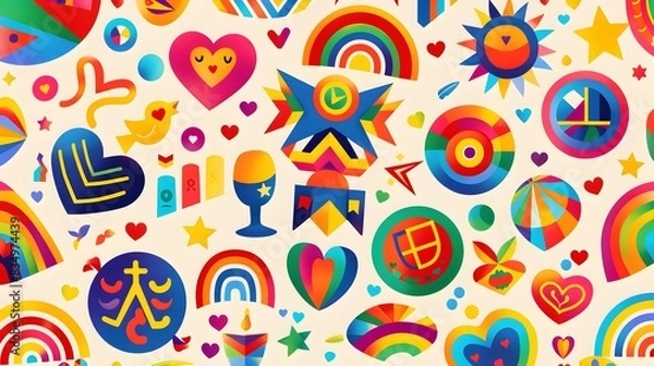Fototapeta An illustration featuring a collection of LGBTQ+ symbols and icons arranged artistically on a clean background. The symbols include the rainbow flag, hearts, peace signs, and various pride flags.