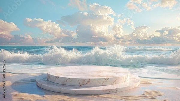 Fototapeta Pastel podium on a sandy beach, with gentle waves and a serene ocean backdrop