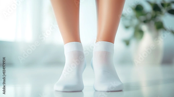 Fototapeta Side view of beautiful smooth female legs in short white cotton tiptoe socks. Mock up blank clothing template