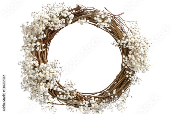 Fototapeta A wreath of Gypsophila flowers delicately entwined around a rustic wooden frame, isolated on white background