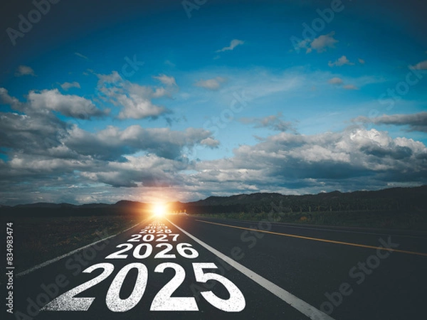 Fototapeta Road 2025 to 2032 new year direction concept and sustainable development concept Evening sunset time at destination