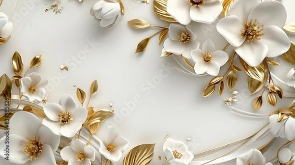 Obraz Elegant white and gold floral design with a 3D effect. Perfect for backgrounds, invitations, and more.