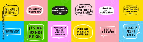 Fototapeta Collection of motivational mental health phrases. Lettering. Vector flat illustrations on multicolored backgrounds. 
