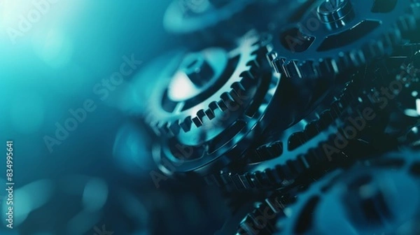 Fototapeta A blue and white image of gears and other mechanical parts