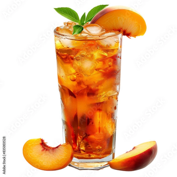 Obraz Refreshing glass of iced peach tea with ice cubes and peach slices, perfect for summer. High quality stock photo for beverage and summer themes.