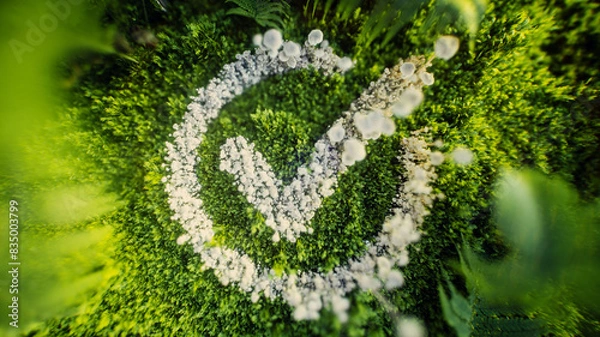Fototapeta 3D rendering of a checkmark made from white mushrooms on green moss and ferns, symbolizing sustainability, ecological standards, and environmental harmony