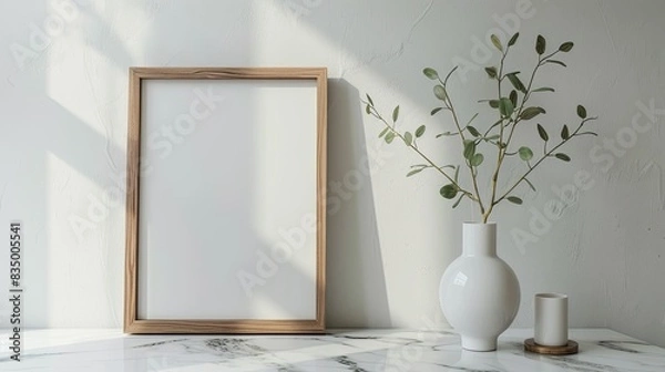 Fototapeta Mockup picture wooden frame and ceramic vase on white marble table in white room, copy space