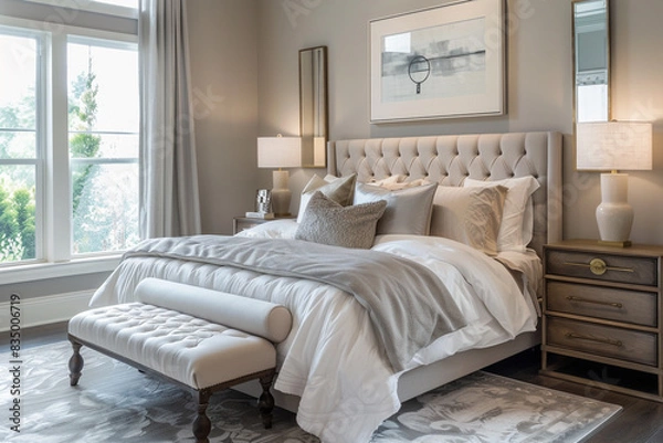 Fototapeta A serene bedroom with soft gray walls, a tufted headboard, and luxurious bedding in muted tones.