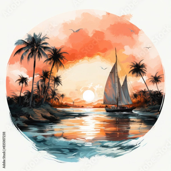 Fototapeta Watercolor Framed Sunset Sailboat Illustration, Generative Ai