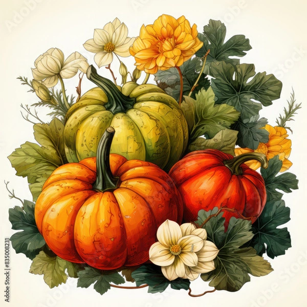 Fototapeta Watercolor Linocut Style Pumpkins Illustration, Generative Ai