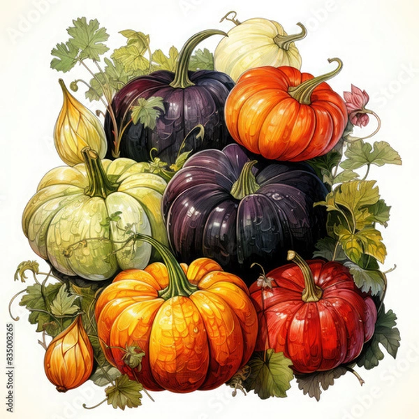 Fototapeta Watercolor Linocut Style Pumpkins Illustration, Generative Ai