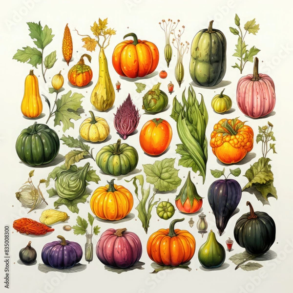 Fototapeta Watercolor Linocut Style Pumpkins Illustration, Generative Ai