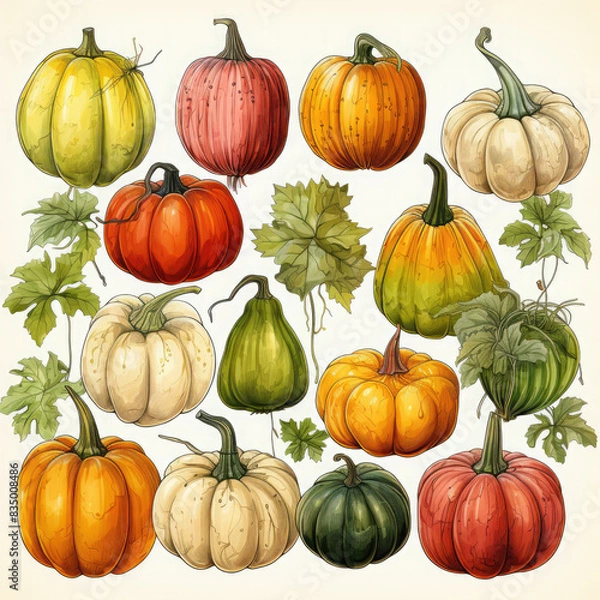 Fototapeta Watercolor Linocut Style Pumpkins Illustration, Generative Ai