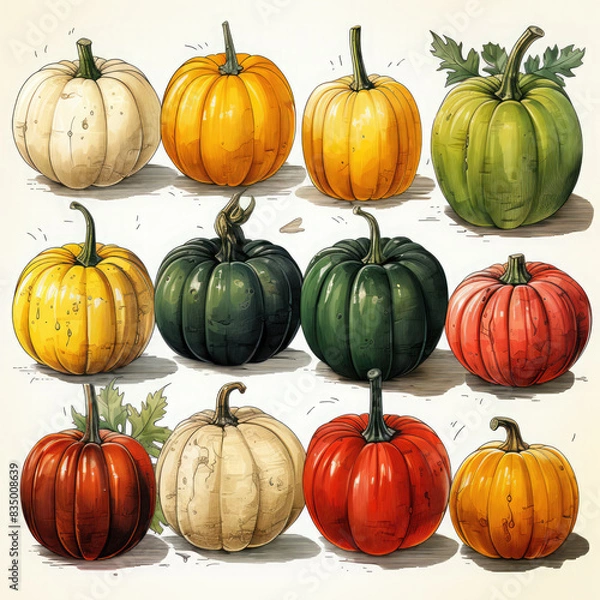 Fototapeta Watercolor Linocut Style Pumpkins Illustration, Generative Ai