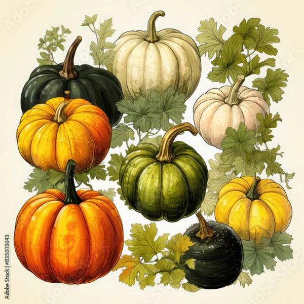 Fototapeta Watercolor Linocut Style Pumpkins Illustration, Generative Ai