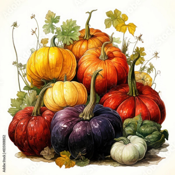 Fototapeta Watercolor Linocut Style Pumpkins Illustration, Generative Ai