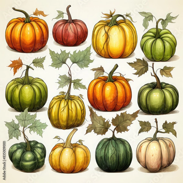 Fototapeta Watercolor Linocut Style Pumpkins Illustration, Generative Ai