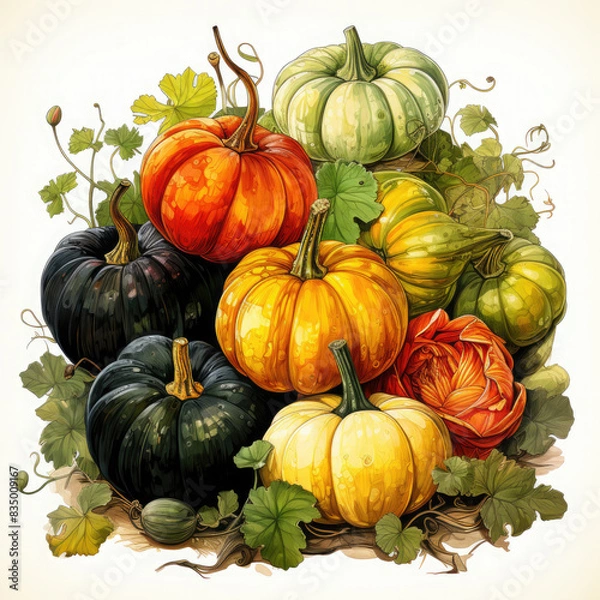 Fototapeta Watercolor Linocut Style Pumpkins Illustration, Generative Ai