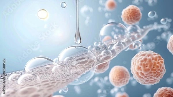 Obraz A single drop of serum falling onto a surface with many clear bubbles, representing the hydration and nourishment of skin.