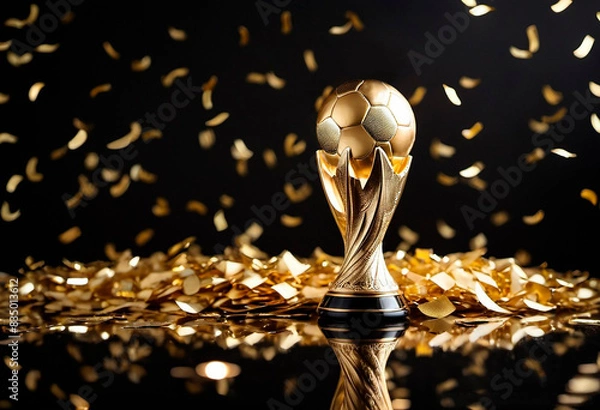 Fototapeta Triumphant Soccer Ball Trophy - A golden soccer ball rests on a top a gleaming golden trophy on black background with a shower of golden confetti.