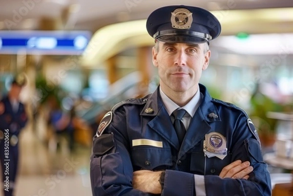 Fototapeta Security guard professional safety patrol man police employee mall safe business protect serve confident authority public space secure guarding agent staff shop convenience store grocery