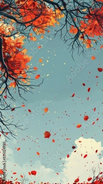 Fototapeta Depict the crisp air of autumn with a minimalist digital artwork featuring a clear blue sky and the sharp, clean lines of bare branches or fallen leaves. Use cool, crisp colors and simple, geometric