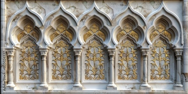 Obraz Windows pattern Arabic. An intricately designed Islamic wall with elegant arches, marble columns ornate gold accents. detailed craftsmanship and luxurious materials create a rich, majestic ambiance
