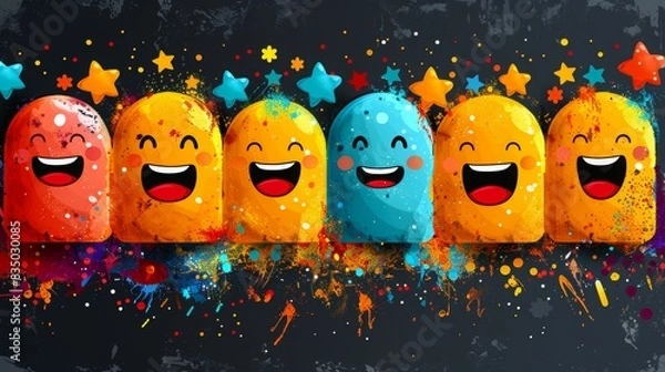 Fototapeta An illustration of cute character with colorful planets and stars, galaxy on a dark background in cartoon style