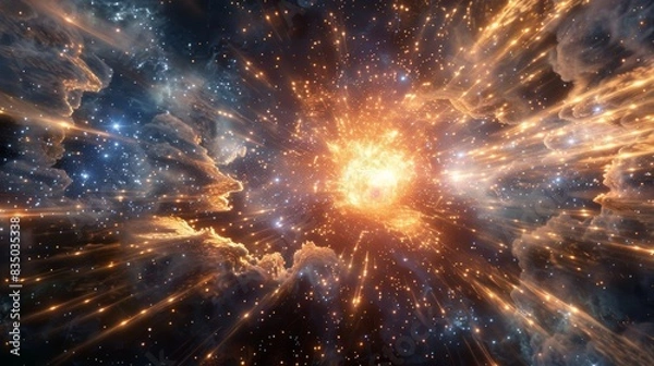 Fototapeta The monumental moment of the Big Bang in space, an explosion of intense light and energy, primordial matter and particles radiating outward, vast cosmic background with nascent stars beginning to