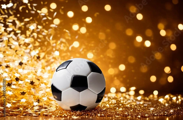 Fototapeta A classic black and white soccer ball on golden background with radiant light rays and a shower of golden confetti.