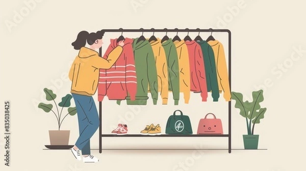 Fototapeta An illustration in 2D flat style showing a character browsing through a rack of fair trade clothing. The minimalist design emphasizes the ethical production process and the support for artisans and