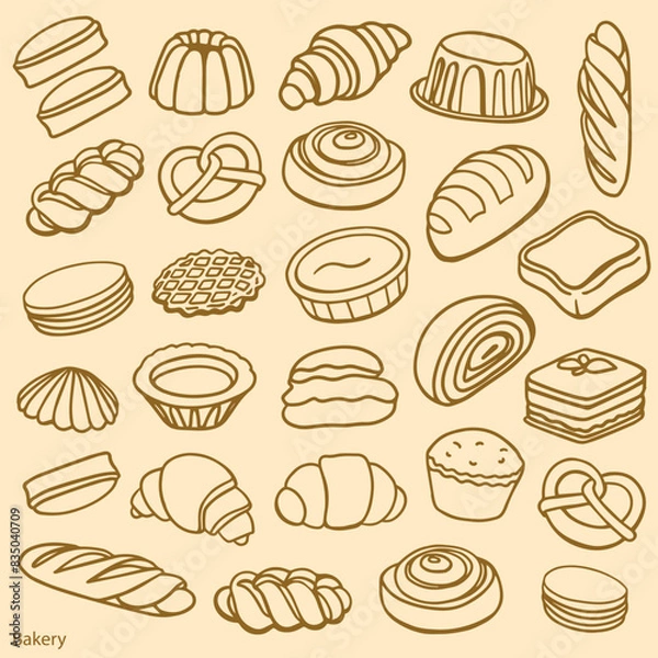 Fototapeta Isolated vector set of Bakery. Hand drawn and chalked cookies, barolls, pies, cakes, pastries, croissants.. Vintage template with pastries sketch. Fresh bakery. Shop. Template.	