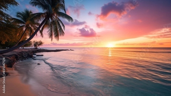 Fototapeta Serene Tropical Beach at Sunset with Colorful Sky and Calm Ocean Waves