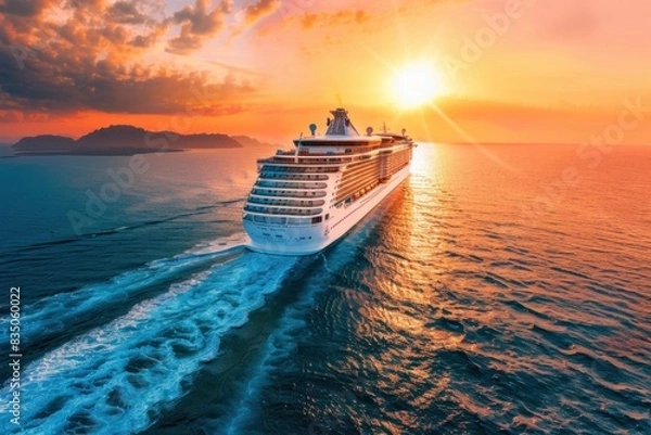 Fototapeta A large cruise ship is sailing in the ocean. The ship is the main focus of the image, and it is a popular destination for travelers