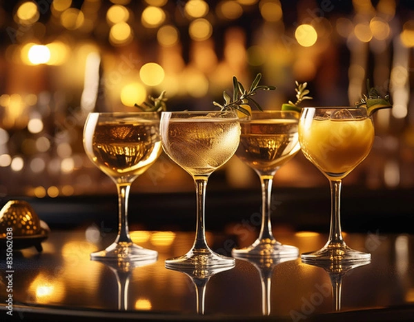 Fototapeta Cocktail wine  gin vodka lime beverage glasses in glowing Golden lights in a luxury bar