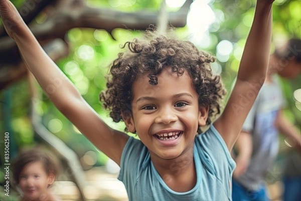 Fototapeta a group of children running through a lush green forest, Document the candid joy of children playing in a park or engaging in outdoor activities