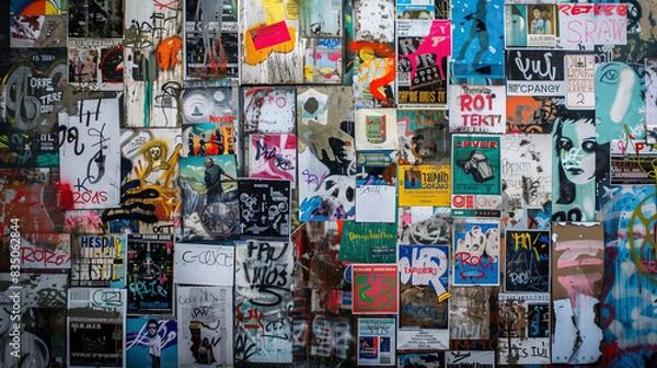 Fototapeta A city wall covered with a colorful array of posters, graffiti and stickers presenting a variety of patterns and messages.