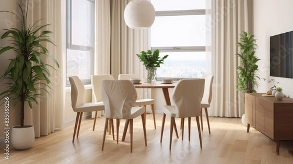 Fototapeta Modern interior of a dining room by the window in a minimalist style