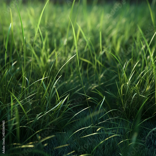 Fototapeta tiny drops of dew on the green grass in the early morning. Grass on the field as a background. Agricultural composition in the summer time