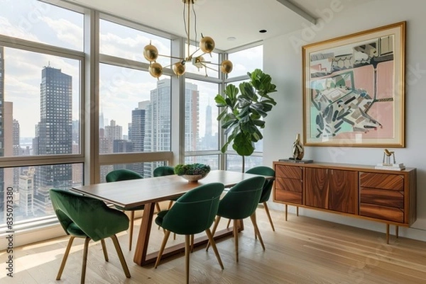 Fototapeta A spacious MidCentury Modern dining room with light oak floors and large windows that offer a view of the cityscape The room features a wooden dining table with angled legs and uph