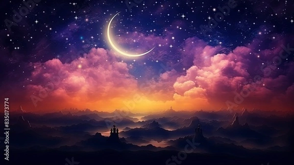 Fototapeta Ramadan dusk picture. Beautiful religious background with crescent, stars and glowing clouds, copy space, generative ai