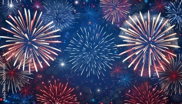 Fototapeta Fireworks in the night sky with 4th of jully celebration colors