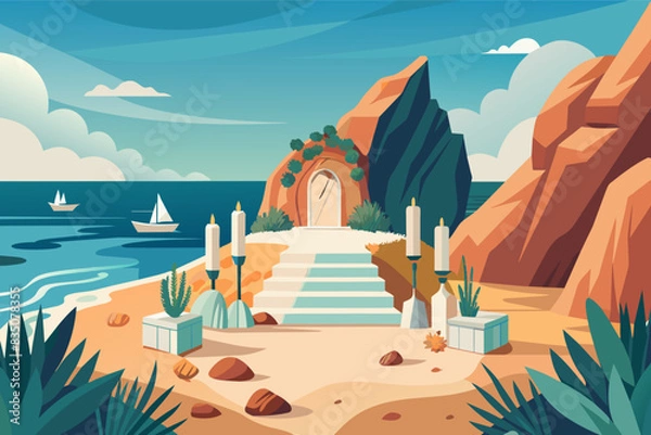Fototapeta a beach with a door and stairs, Sunkissed clifftop wedding with a minimalist decor, natural stone altar, and the ocean as a stunning backdrop