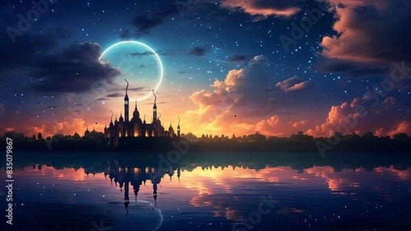 Fototapeta Ramadan dusk picture. Beautiful religious background with crescent, stars and glowing clouds, copy space, generative ai