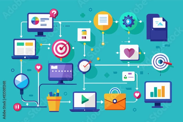 Fototapeta a blue background with a bunch of different icons, Flat design process flow chart outlining the steps for creating a successful marketing campaign