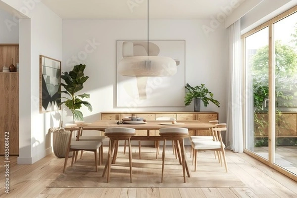 Fototapeta A bright Scandinavian dining room with light wood floors and large windows that offer a view of the garden The room features a wooden dining table with angled legs and upholstered