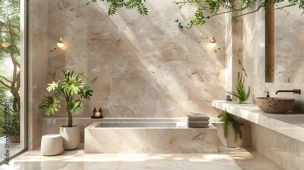 Fototapeta Spa Product Presentation Template: Marble Pedestal with Green Leafy Branches, Set Against Light Beige Masonry Wall Background in Bathroom
