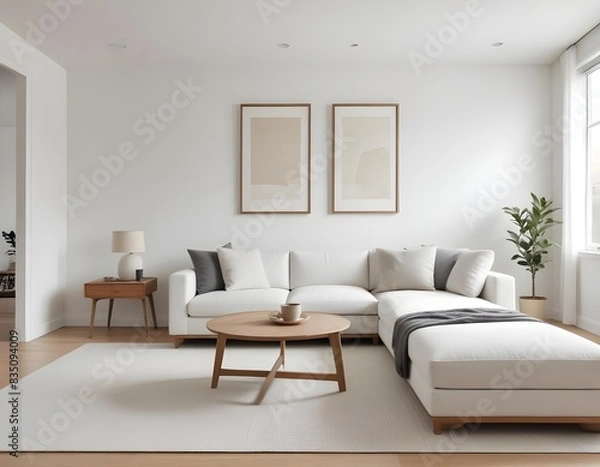 Obraz 
Frame mockup, ISO A paper size. Living room poster mockup. Modern interior design. Living room Interior mockup with house background. 3D render