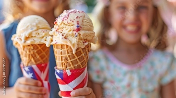 Obraz Kids enjoying ice cream cones with American flag napkins, summer treat, outdoor gathering, Fourth of July delight, Independence Day celebration, copy space